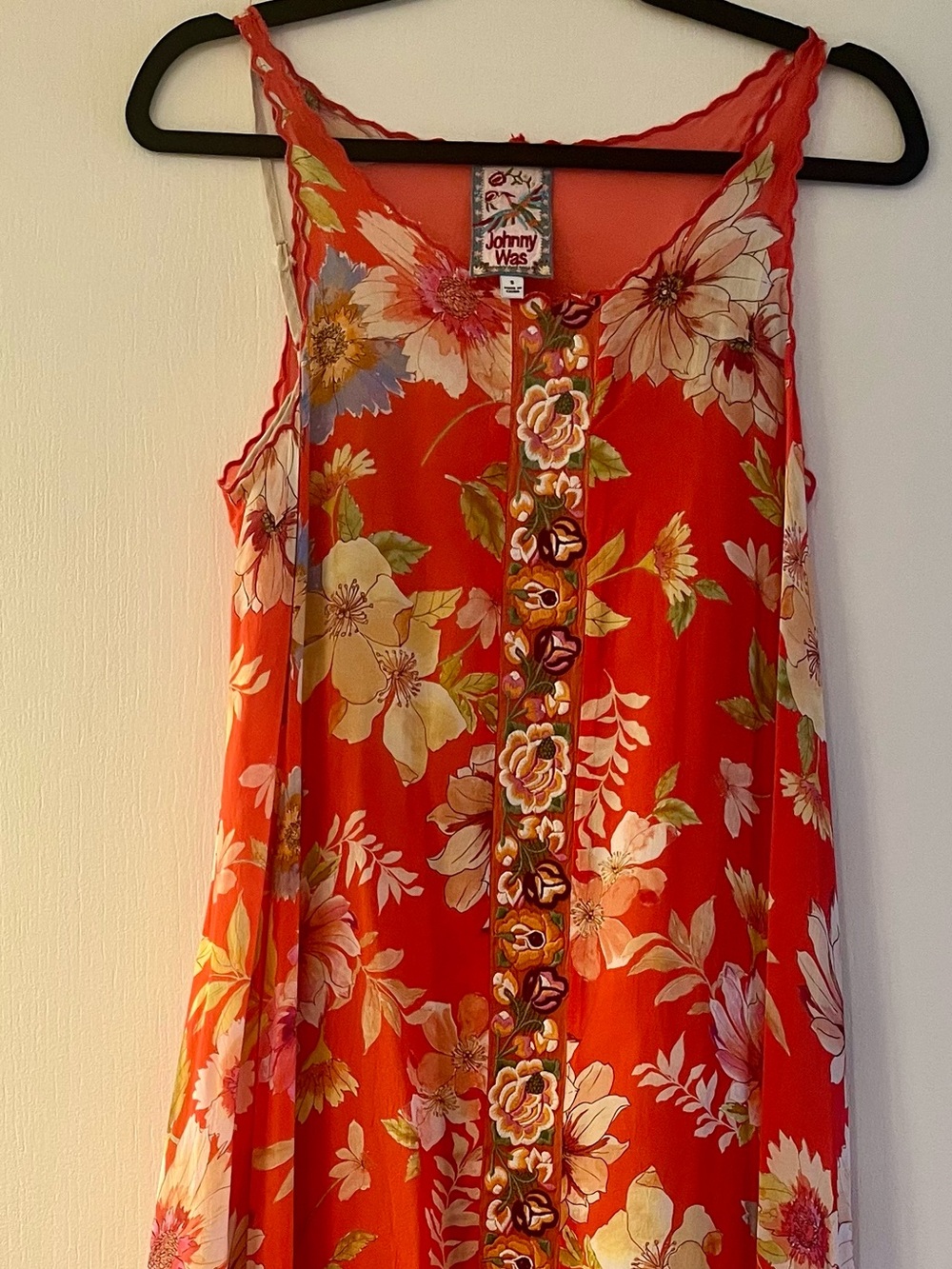 Johnny Was Coral Floral High-Low Slip Dress, Embroidered Center trim